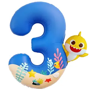 PartyWoo Baby Shark Blue Foil Number 3 Balloon 40 Inch Blue Mylar Helium Birthday Number Balloons for Boys and Girls Baby Shark Under the Sea Ocean Theme Kids Third Birthday Party Decorations