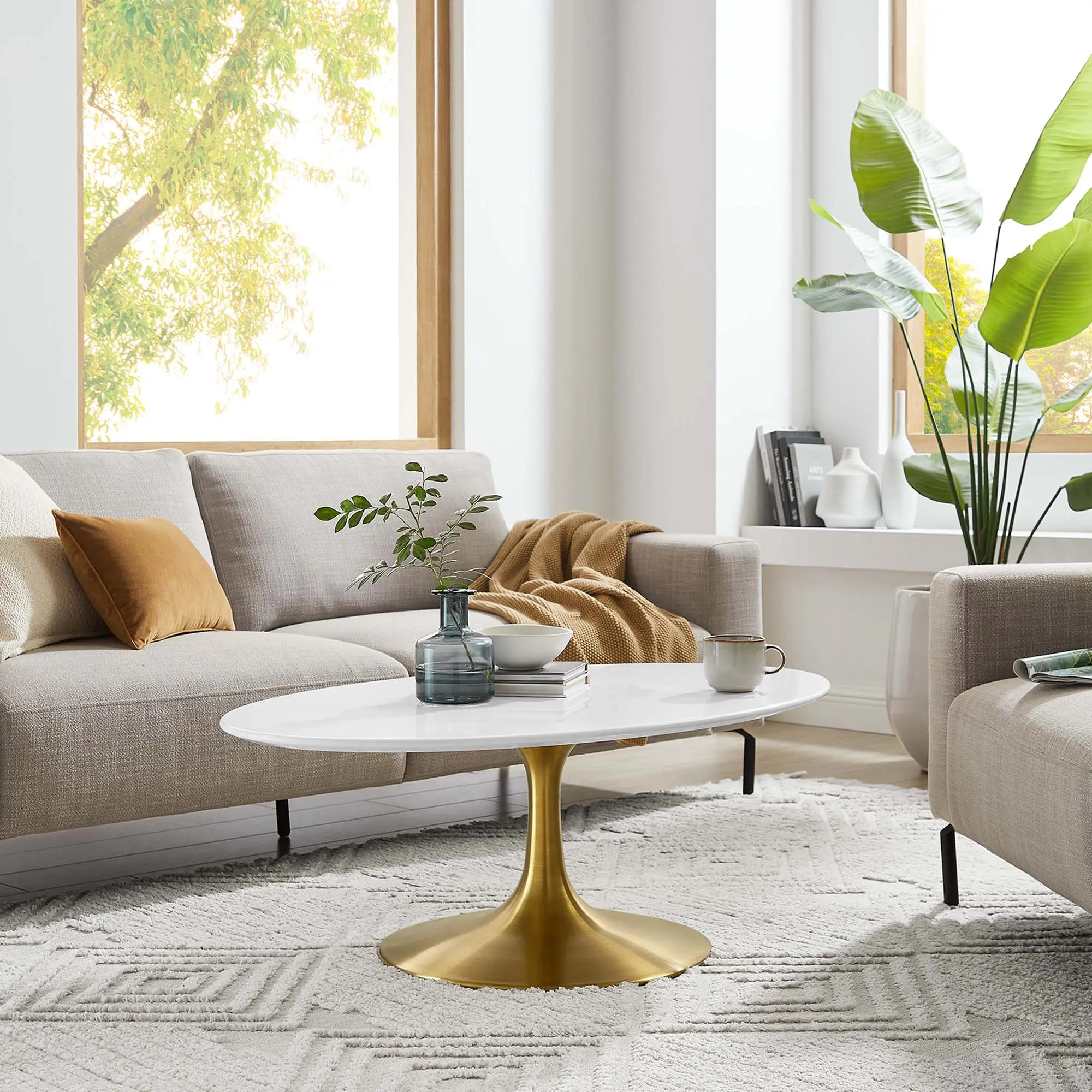 Modway Lippa 42" Oval Coffee Table in Gold White