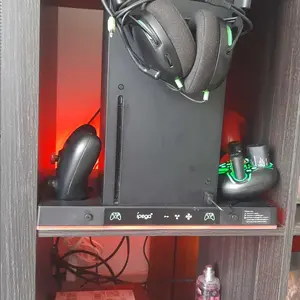 Cooling Stand for Xbox Series X, Controller Stand Gamepad Charge Seat with Headphone Hook & Game Discs Card Slot, RGB Light Double Fan Console Accessories, Game Controller Stand, Video Gamepad Console