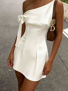 SULALIVAN Women's Ruffle Asymmetrical Shoulder A-Line Mini Dress, Waist Cinched, Sexy French Fashion