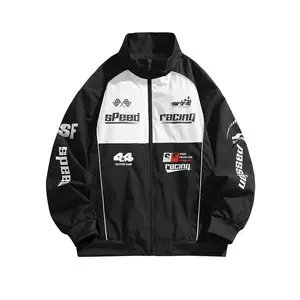 Men's Casual Colorblock Stand Collar Jacket Racing Style Flight Bomber Jacket Trendy Letter Print Full Zip Men's Long Sleeve Coat Outdoor Sports Spring and Autumn Wear Menswear Black Sportswear