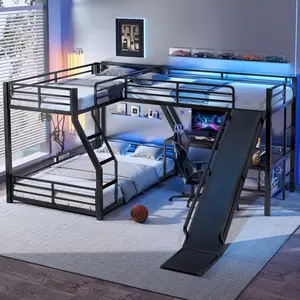 L-Shaped Twin over Full Bunk Bed with Twin Size Loft Bed, Metal Triple Bunk Bed with Slide and USB Ports, Space-saving and Noise-free Design, Black Sturdy Bed Frame