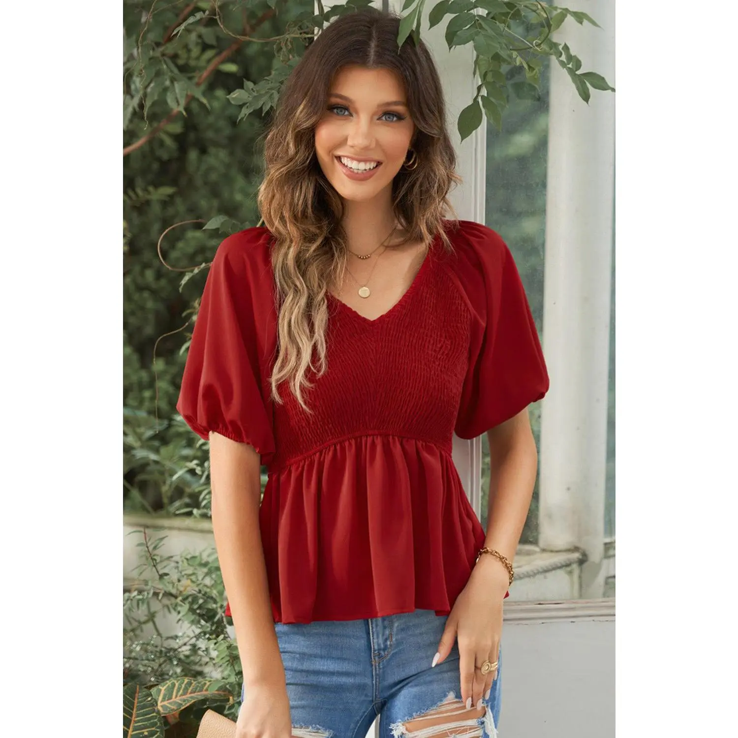 Smocked Balloon Sleeve Peplum Blouse