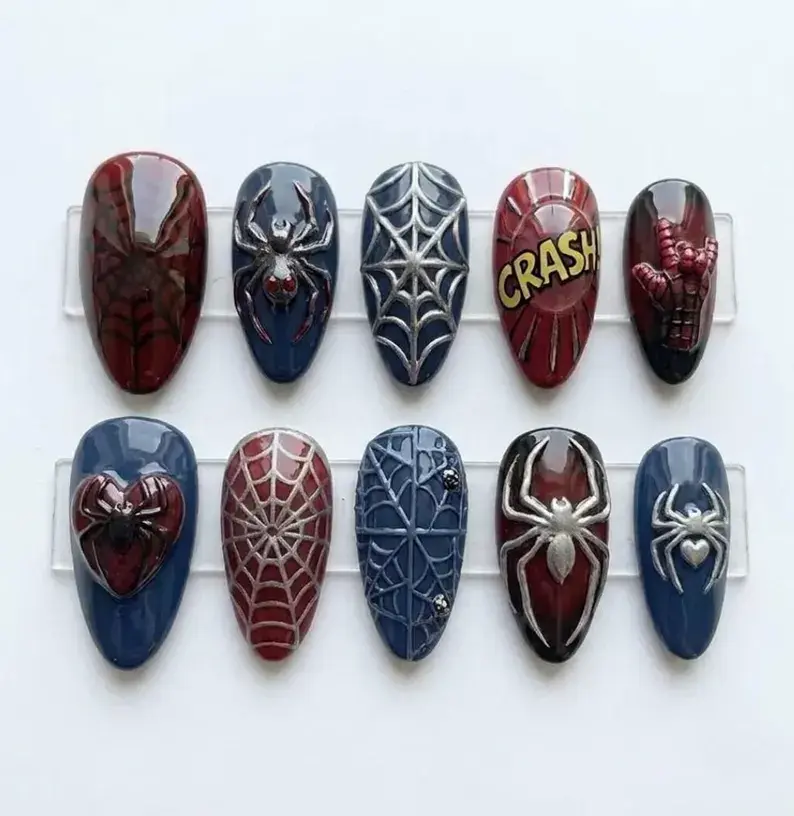 Handmade Comic Book Design Spider Press-On Nails with Spider Art Nail Box