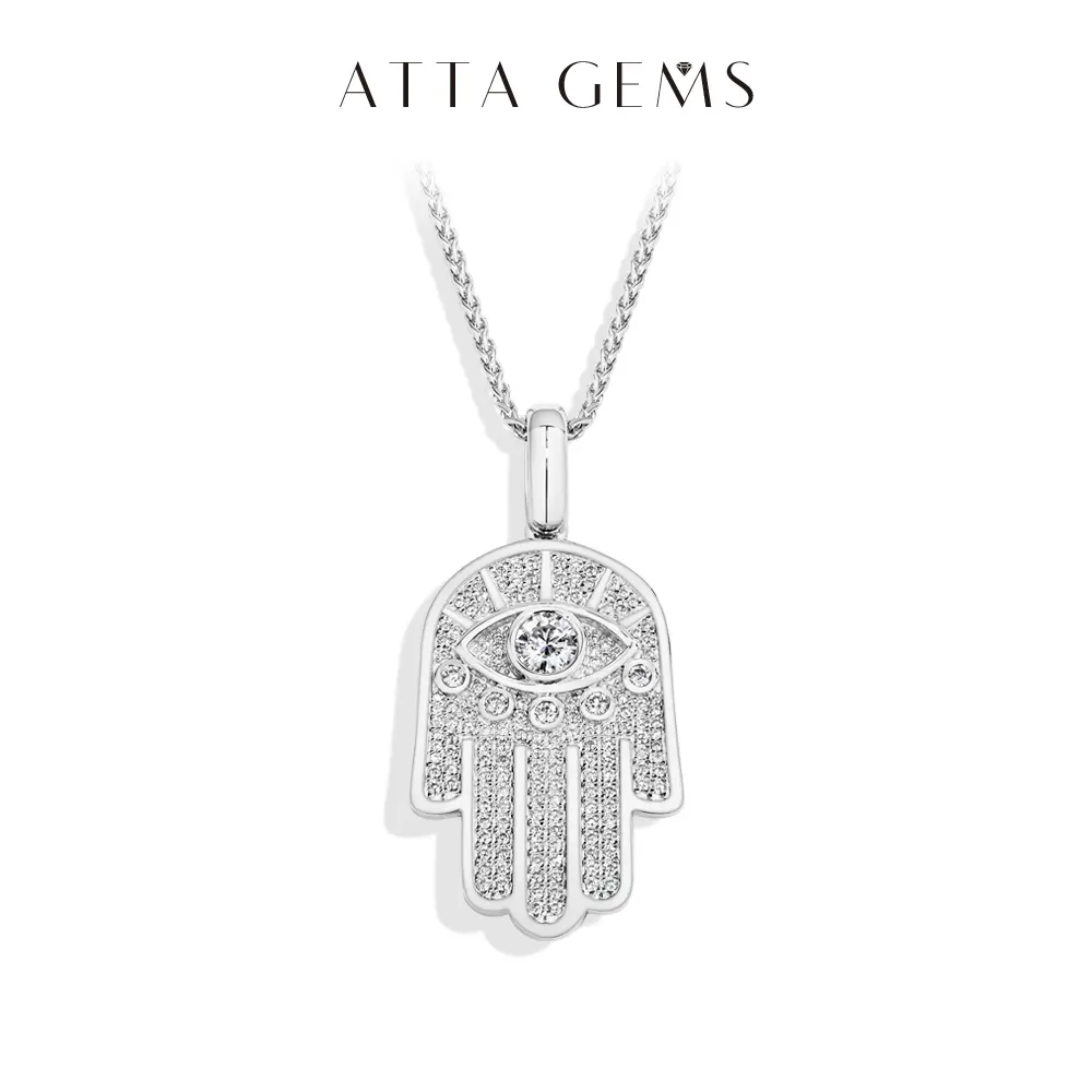 ATTAGEMS Hamsa Hand Evil Eye Pendant Necklace with Lab-Created Moissanite, 925 Sterling Silver, D Color VVS1, Unisex Men's Jewelry for Everyday Wear, Gemstone Pendant Necklace, Unique Gifts For Man, Birthday, Casual
