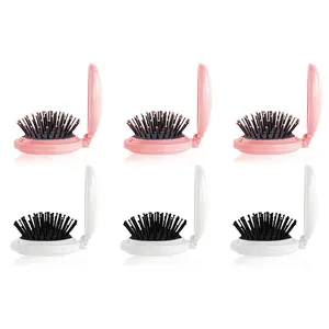 6-Pack Folding Travel Mirror Hair Brushes, Round Pocket Hair Brush, Mini Hair Comb, Compact Travel Size, Hair Massage Combo for Women and Girls