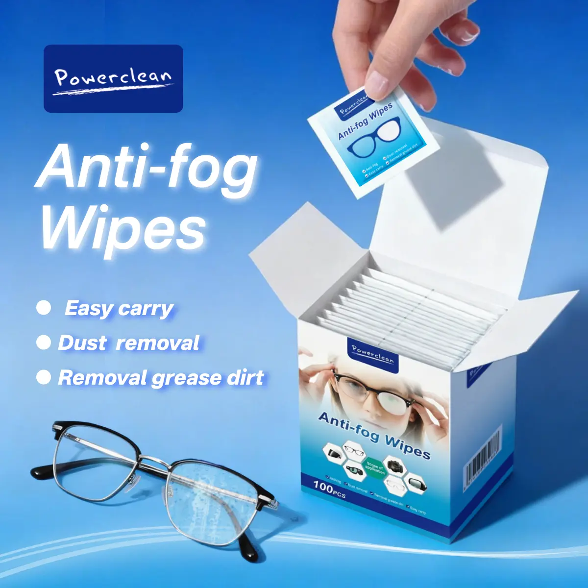 Pickzone Anti-Fog Lens Wipes - 100 Individually Wrapped Streak-Free Cleaner for Eyeglasses, Smartphone Screens, Camera Lenses
