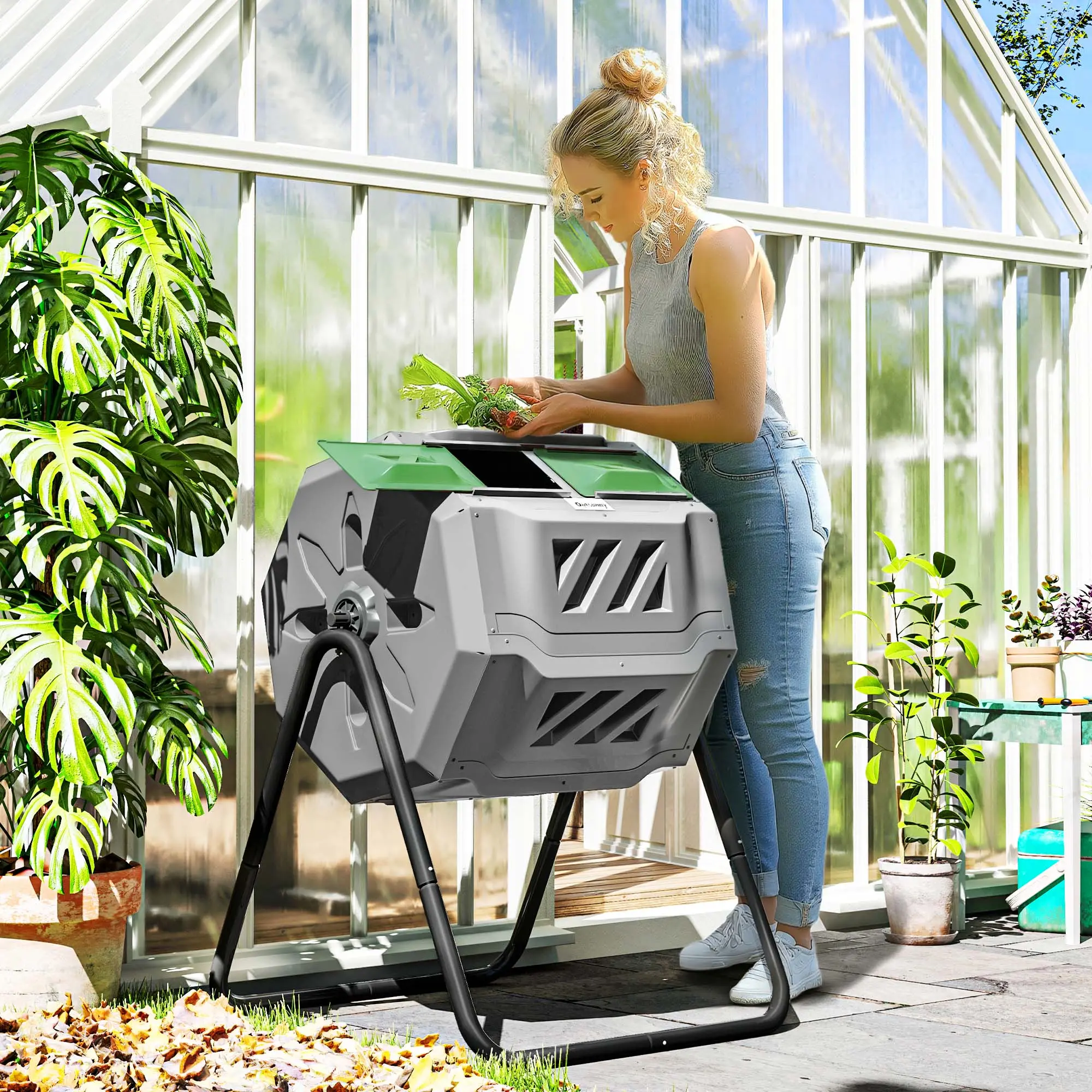 43-Gallon Dual Chamber Tumbling Composter with 360° Rotation Durable UV-Protected Plastic Chambers for Fast Composting and Year-Round Use