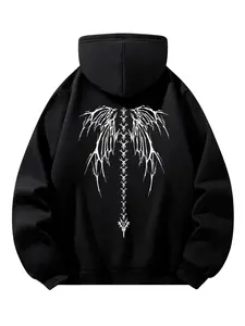 Women's Skeleton Wings Print Hoodie, Casual Fitted Sporty Sweatshirt, Fall Winter Thickened Warm Pullover, Long Sleeve Knit Womenswear