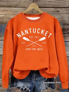 women's nantucket established 1671 print crew neck sweatshirt, casual long sleeve pullover for fall & winter, women's clothes for daily wear, hoodie