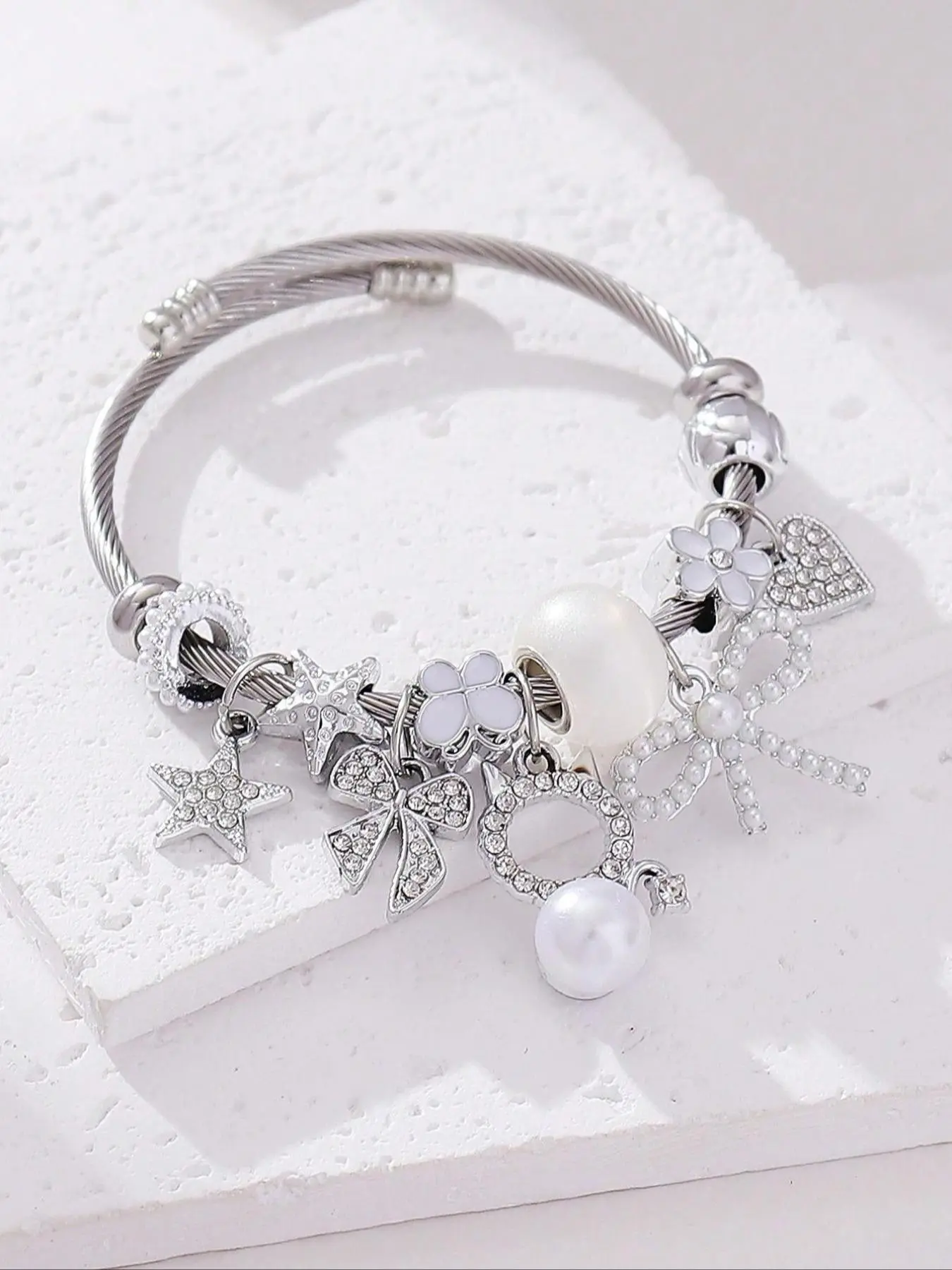 Rhinestone & Faux Pearl Decorated Bracelet, Pretty Bracelet, Star & Butterfly Design Charm Bracelet, Stainless Steel Bracelet for Women & Girls, Fashion Jewelry for Party, Daily Decor