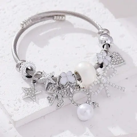 Rhinestone & Faux Pearl Decorated Bracelet, Star & Butterfly Design Charm Bracelet, Stainless Steel Bracelet for Women & Girls, Fashionable Bracelet, Fashion Jewelry for Party, Daily Decor