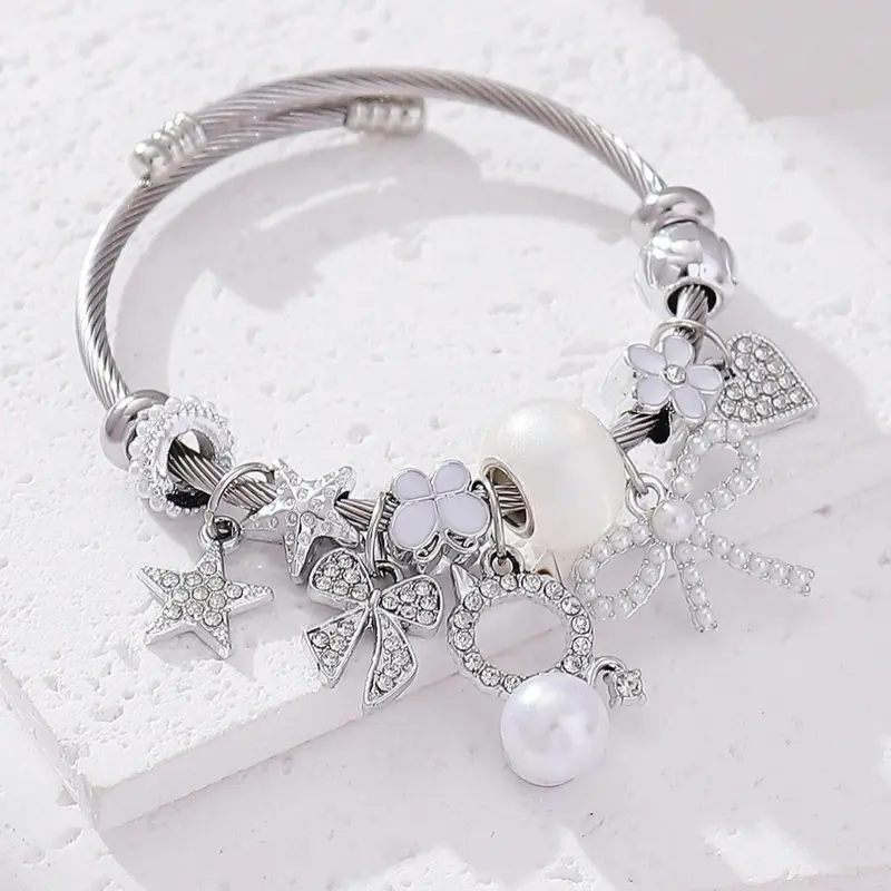 Rhinestone & Faux Pearl Decorated Bracelet, Star & Butterfly Design Charm Bracelet, Stainless Steel Bracelet for Women & Girls, Fashionable Bracelet, Fashion Jewelry for Party, Daily Decor