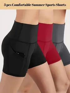 3 Pack Women's High Waist Breathable Yoga Shorts, Bike Shorts for Ladies with Pockets, Workout Exercise Athletic Shorts