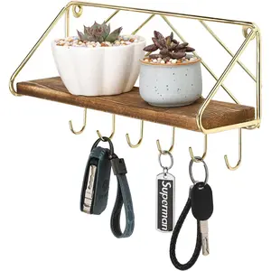 12.5 Inch Burnt Solid   Display Shelf and Key Holder Rack, Wall Mounted Entryway Organizer with Brass Tone Metal Wire Chevron Design 6 Hooks