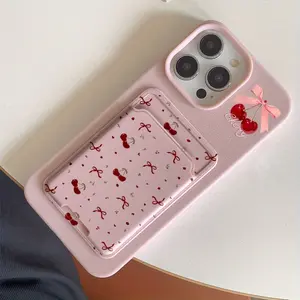 2-Piece Set Cherry Pattern Tpu Phone Case Protector, Shockproof Soft Cover for iPhone Models 11-16 Pro Max, Cute Self-Adhesive Card Holder Design