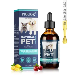 PIUOUK 2cycles Natural Pet 15 in 1 Multivitamin for Dogs & Cats - Liquid Drops Supplement with Glucosamine, Cranberry, MSM, Vitamins C D B Complex - Roast Chicken Flavor, Hip & Joint, Skin & Coat, Immune Support - 2 fl oz / 60ml, 1200 Drops, Made in USA