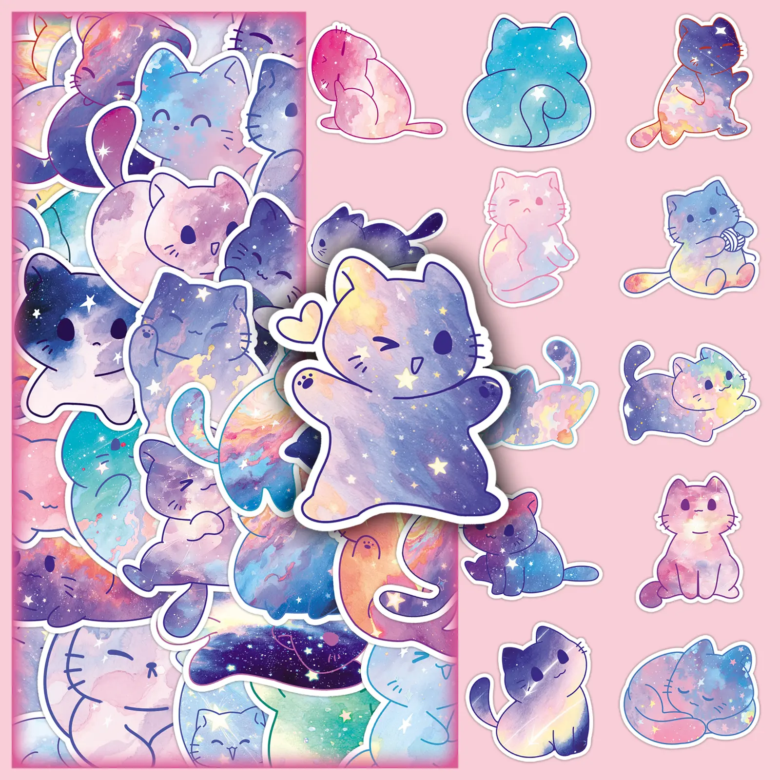 100pcs Watercolor Starry Cat Stickers - 2 Repeating Sets of Adorable Cartoon Doodle Decals for DIY Crafts, Scrapbooking & Journaling