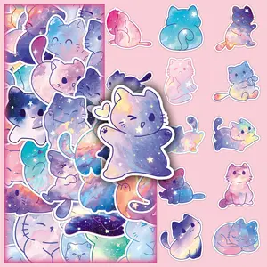 100pcs Watercolor Starry Cat Stickers - 2 Repeating Sets of Adorable Cartoon Doodle Decals for DIY Crafts, Scrapbooking & Journaling