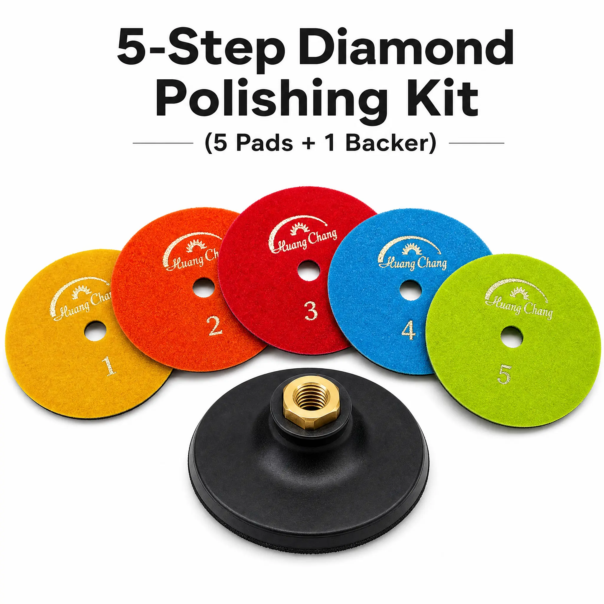 Huang Chang 4 Inch Diamond Polishing Pads with 5/8’’-11 Backer Pad, 6PCS Dry Granite Stone Polish Pad Kit for Drill, Grinder, Polisher, 1-5 Grit Polishing Pad for Concrete Marble Rock Countertop Quartzble Rock Countertop Quartz