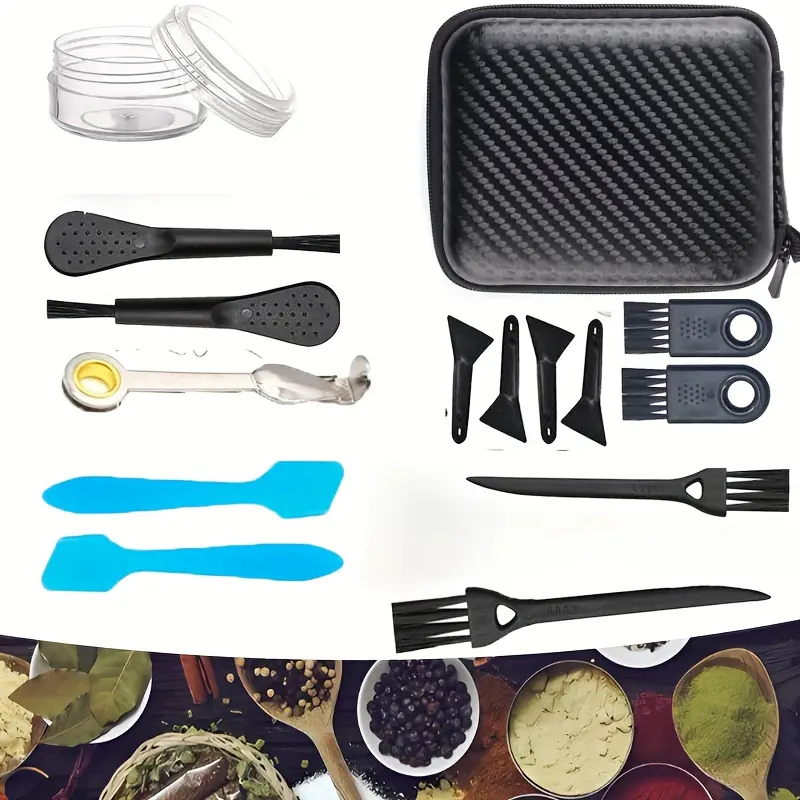 Brushes & Spoons Kit for Herb Grinder Include 6pcs 2 Types of Scrapers, 6pcs 3 Types of Brushes, 1pc Plastic Jar and A Storage Box Black Utensils