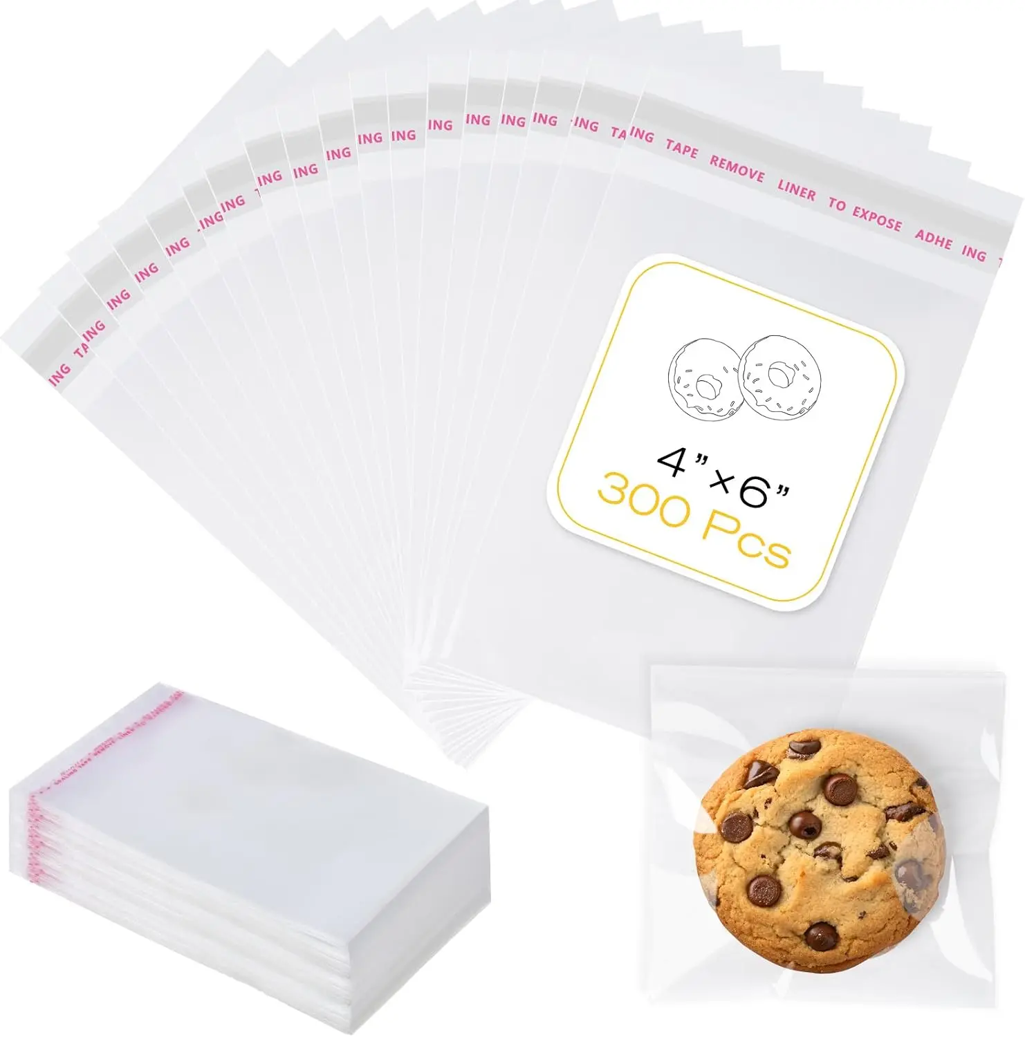 300 Pcs Cookie Bags with Seal, 4x6 Inches Self Sealing Cellophane Bags, Clear Cookie Bag Resealable Treat Bags for Packaging Cookies, Candy, Gifts, Favors, 3 Mils Individual Self Adhesive Wrappers