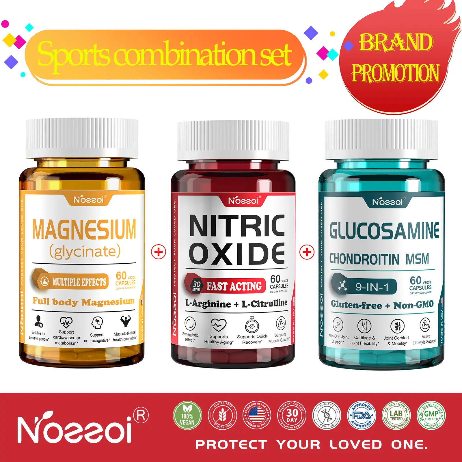 Noeeoi 3-in-1 Supplement Bundle: Nitric Oxide Booster (LArginine/L-Citrulline) for Muscles & Energy + GlucosamineChondroitin MSM for Joint Health + Multi-Magnesium forStress & Sleep-60 Caps Each, Vegan Non-GMO