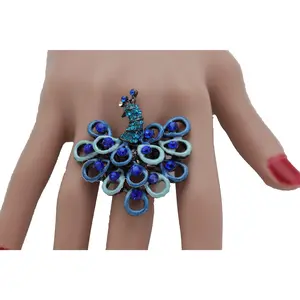 Women Wrap Around Finger Ring Fashion Jewelry Black Metal Peacock Blue Feathers