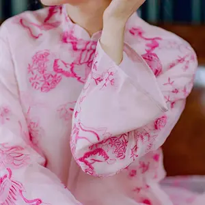 Pink Ky Lan Qilin Ao Dai | Vietnamese Chiffon Dress Wedding Guest