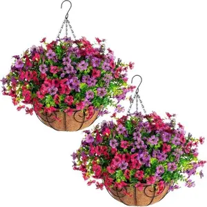 Artificial Outdoor Flowers in 2pc Hanging Baskets, Fake Silk Anti-UV Decorations, Realistic Daisy Eucalyptus Plants for Porch Garden