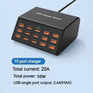 50W Universal Multi-Function USB Charging Station, 15-Port Desktop Fast Charger Hub, 2.4A Smart Power Distribution, Compatible with iOS & Android Devices, Phones & Tablets, Multi-Device Charging Dock for Home & Office Use