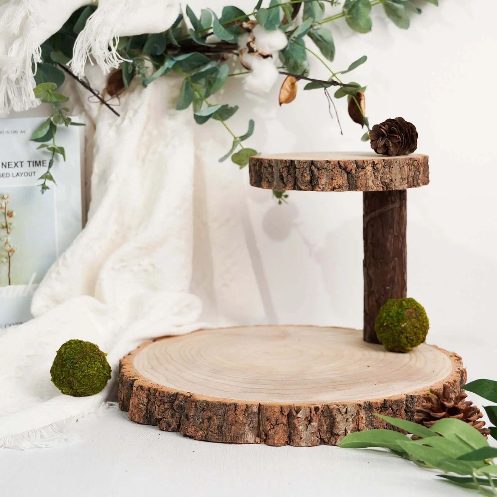 2-Tier Wooden Cheese Board Stand 8" Elm Wood Slice Design Natural - Rustic Cupcake Centerpiece