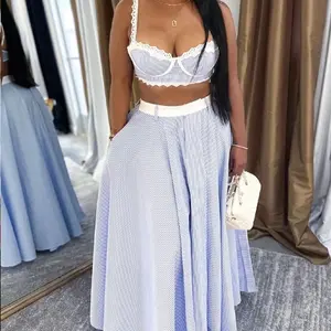 Striped Lace Trim Cami and Skirt "Harvest Denim" Two-Piece Set with Elegant Design and Comfortable Fit