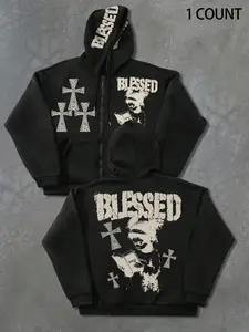 Men's Black BLESSED Graphic Hoodie with Cross Patches and Bible Print Design, Religious Streetwear Long Sleeve Pullover with Sleeve Text for Casual Wear and Faith-Based Apparel