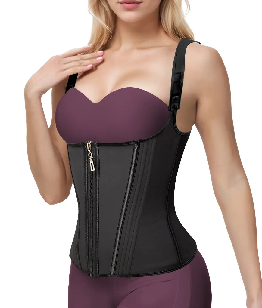 Women's Smooth Spandex Latex Corset Top - Adjustable Shoulder Straps, Zipper Closure, Push-Up Activewear Athletic Shaping Garment