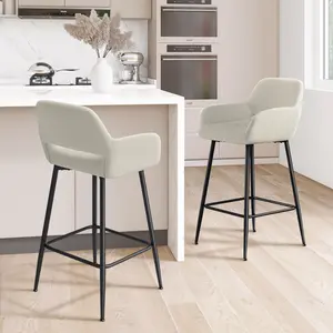 Jerry & Maggie Modern Upholstered Bar Stools Set of 2 - 26" Counter Height with Arms Beige Fabric & Steel Legs Contemporary Kitchen & Dining Seating
