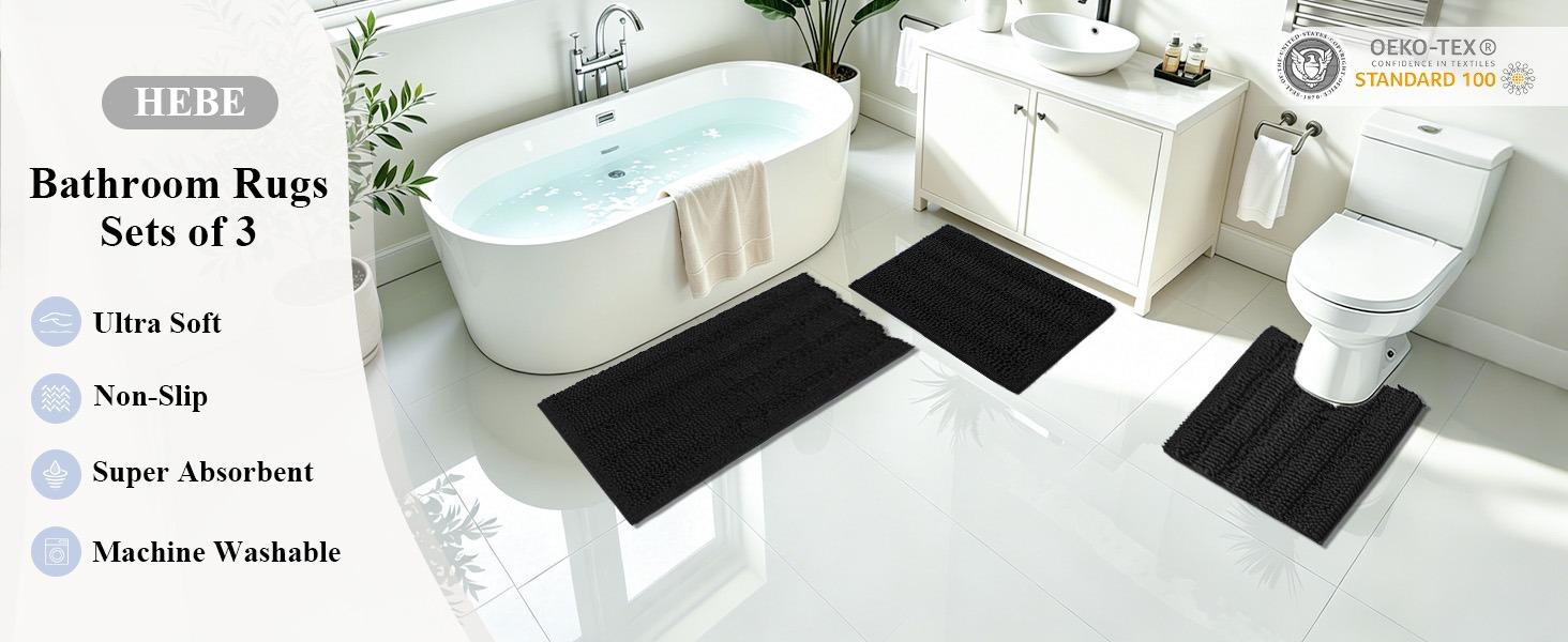[Back to School] HEBE 3-Piece Non-Slip Washable Chenille Bathroom Rugs Sets with U-Shaped Toilet Mat, Super Absorbent Thick Plush Bath Mats for Shower & Tub Area, Bathroom Accessories