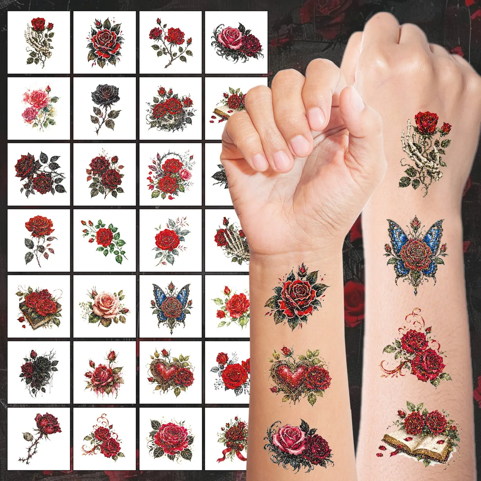 30 Sheets Glitter Rose Temporary Tattoos, Luxury Rose Thorns Skull Party Dance Sexy Temporary Stickers, Perfect for Events and Parties, Temporary Fake Tattoos