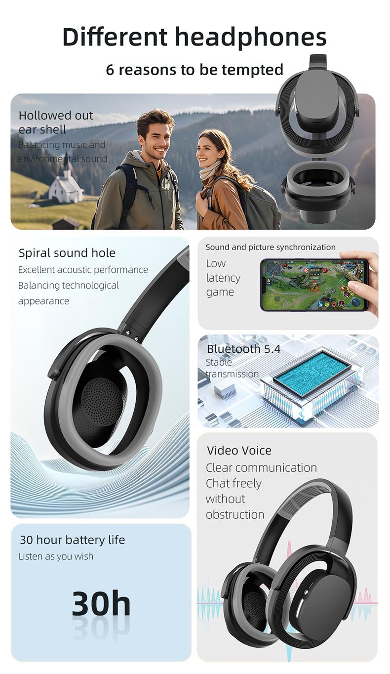 ZW-083 Headset Bluetooth Headphones，Hollow Earphone Design,Outstanding Acoustic Performance Balance Technology, Low-Latency Sound Image Synchronization, Bluetooth 5.4 Stable Version, 30-Hour Battery Life, Suitable For Work Or Outdoor Activities.