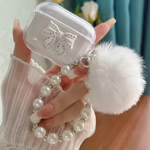 Fashion Aesthetic Transparent Metal Earphone Case with Sparkling Rhinestone Bowknot Design, Faux Fur Beaded Chain Accessory for Stylish Look and Protection