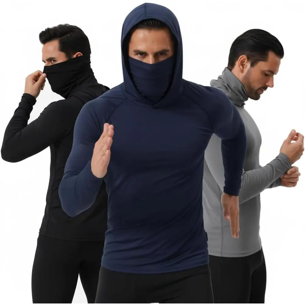 Men's 3-Pack Compression Hoodie with Face Mask, Lightweight Quick-Dry Base Layer Shirt for Skiing, Running & Hiking / Light Outdoor