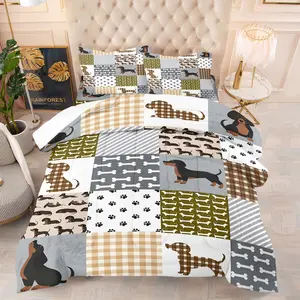 Dachshund Patchwork Print Comforter Set, 1 Comforter & 1-2 Coreless Pillowcases, Soft Warm Bedding, Claw Prints, Bones, Plaid Patchwork Design, Cozy Healing Style Bedroom Decor, Gift for Pet Lovers