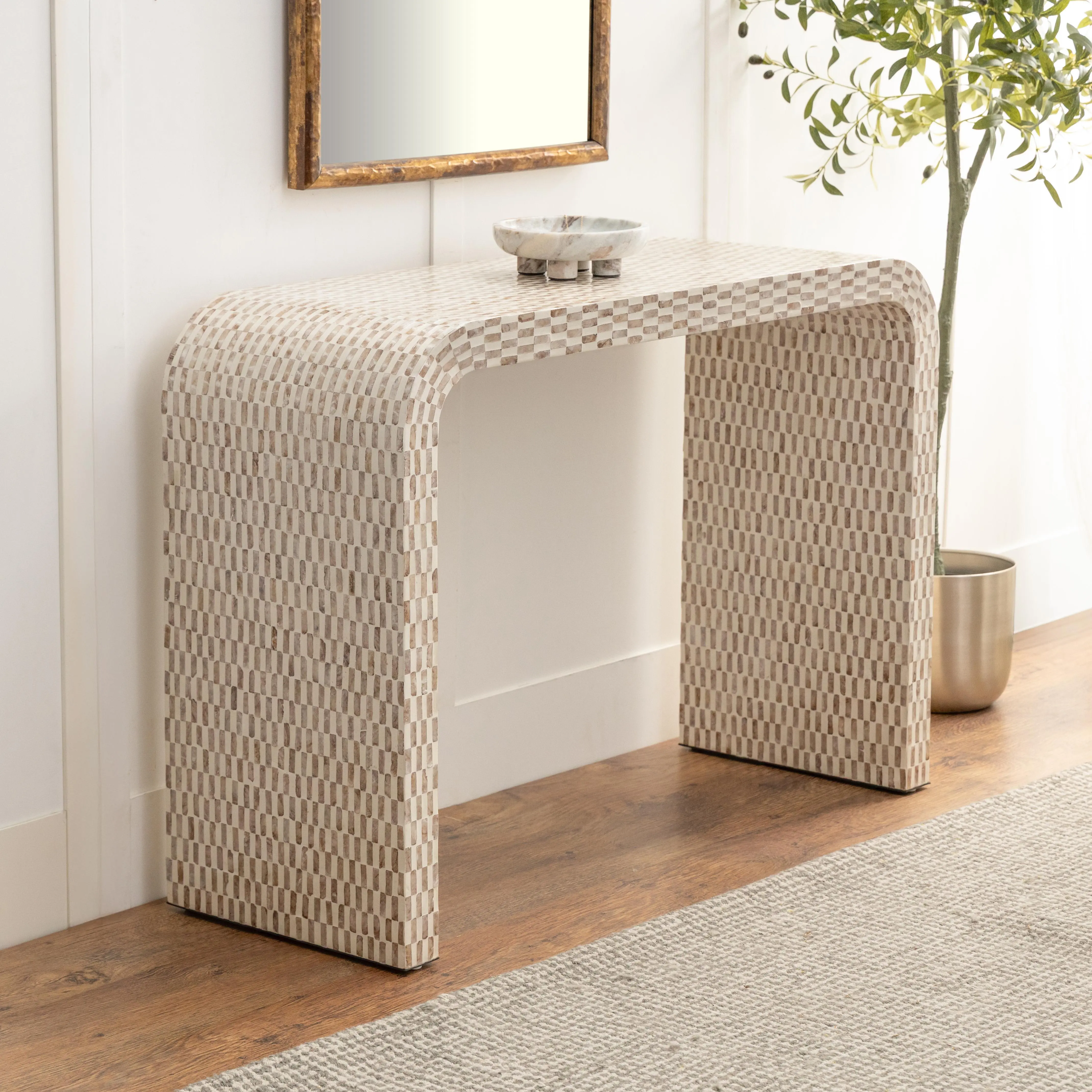 Rectangular Cream Capiz Shell Handcrafted Mosaic Inlay Living Room Console Table - Fully Assembled, 44" x 16" x 31"