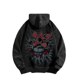 Stranger Things anime double-sided printed washed hooded sweatshirt, unisex, anime/manga style washed heavyweight cotton sweatshirt, made in the USA.