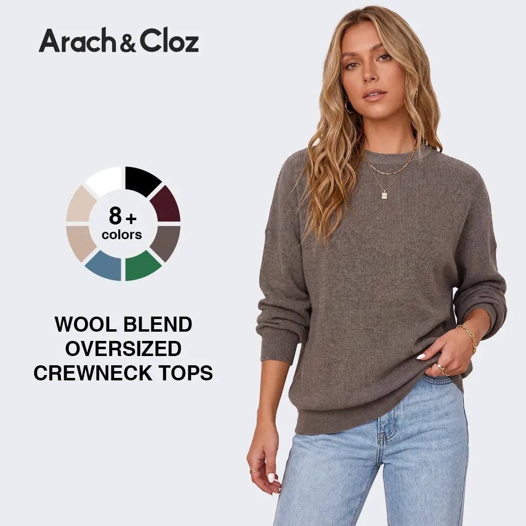 Arach&Cloz Women's Wool Blend Oversized Sweaters Crewneck Casual Spring Outfits Fashion Tops SummerVibes