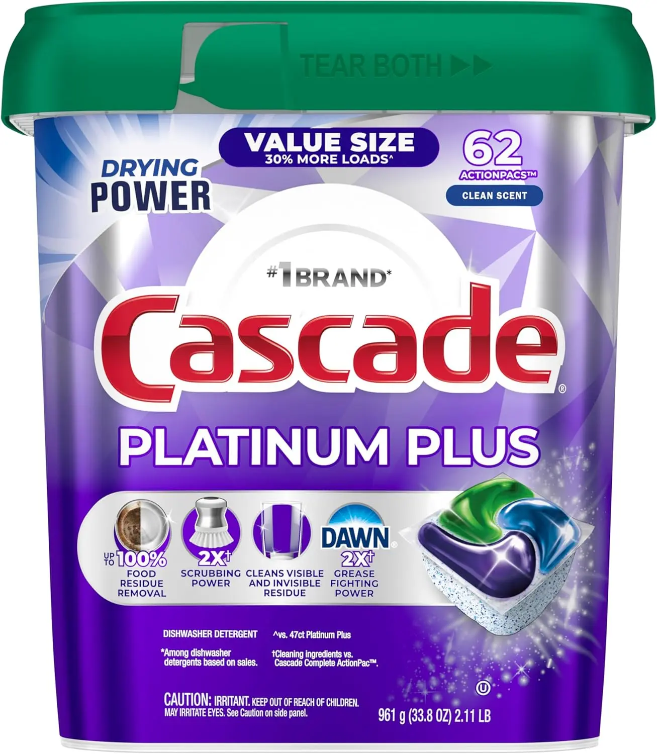 Platinum Plus Dishwasher Pods, Dish Detergent Soap, Clean Scent, 62 Count