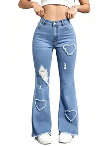 Women's Light Blue Washed High Waist Elastic Heart Ripped Micro Flare Denim Jeans, Vintage Sweet Chic Style, Fashion Versatility, Perfect Body Shape Optimization