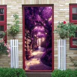 2pcs Purple Cherry Blossom Tree Bookshelf Door Sticker Stereo Wall Decal Self Adhesive Removable Wallpaper for Living Room Bedroom Home DecorWall Art Mural  Collage Self-Adhesive Door Sticker
