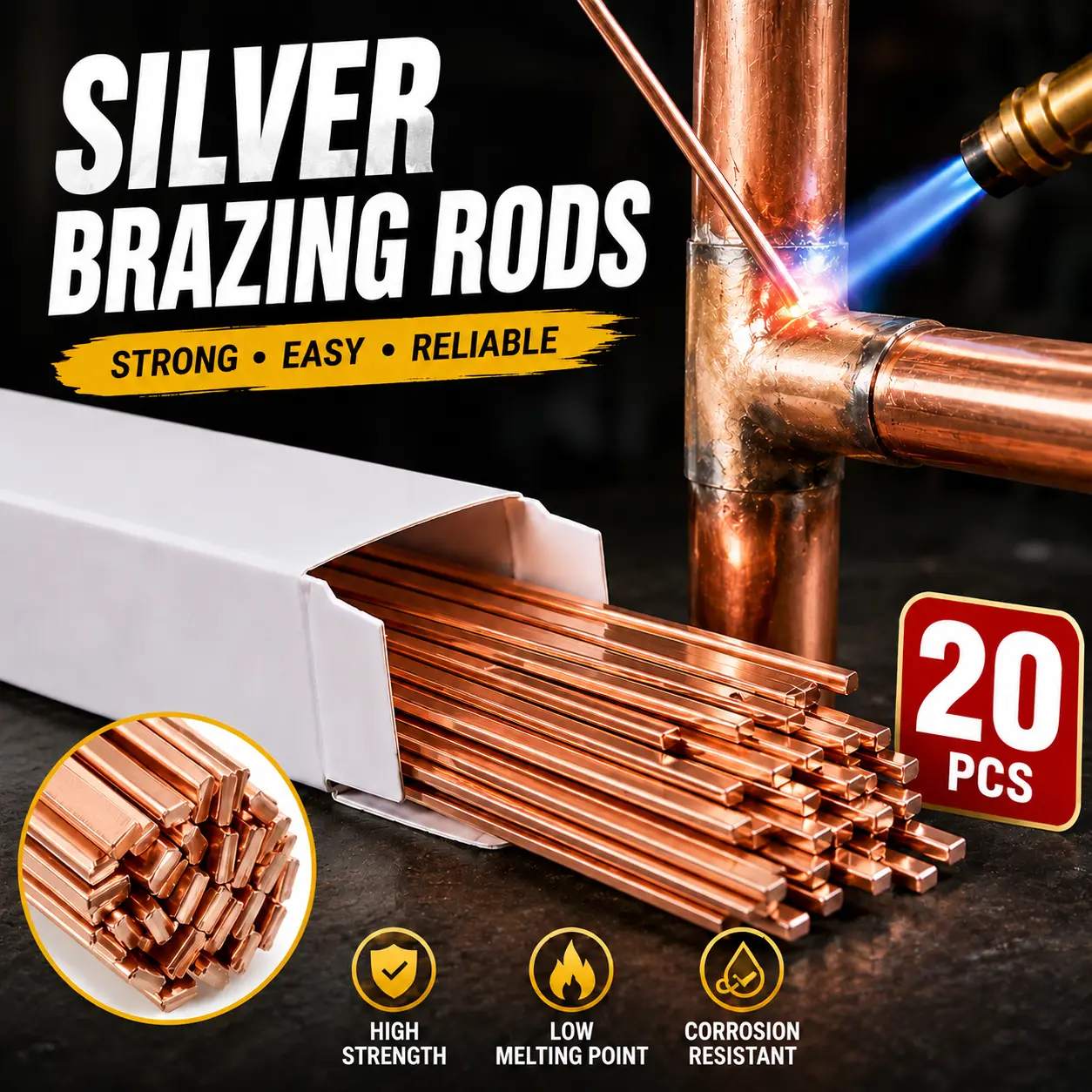 20PCS AWS BCuP-5 15% Silver Brazing Rods (0.050-in x 1/8-in x 10-in Inches) - Low Temp Weld Rod Form for HVAC Copper Joints, High Strength Easy Flow Repair Tools