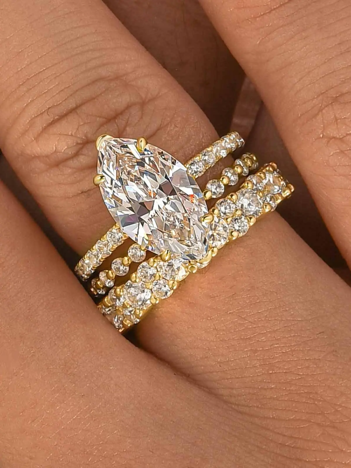 Effinny Non Tarnish 925 Sterling Silver 3.5ct Marquise Cut 14K Gold Plated 3PC Wedding Ring Set,  Trendy Promise Jewelry with 2 Eternity Bands, 5A Cubic Zirconia Women's Ring for Daily,Travel, Party, Engagement Rings